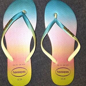Havaianas Teal, Pink, and Yellow Flip Flops